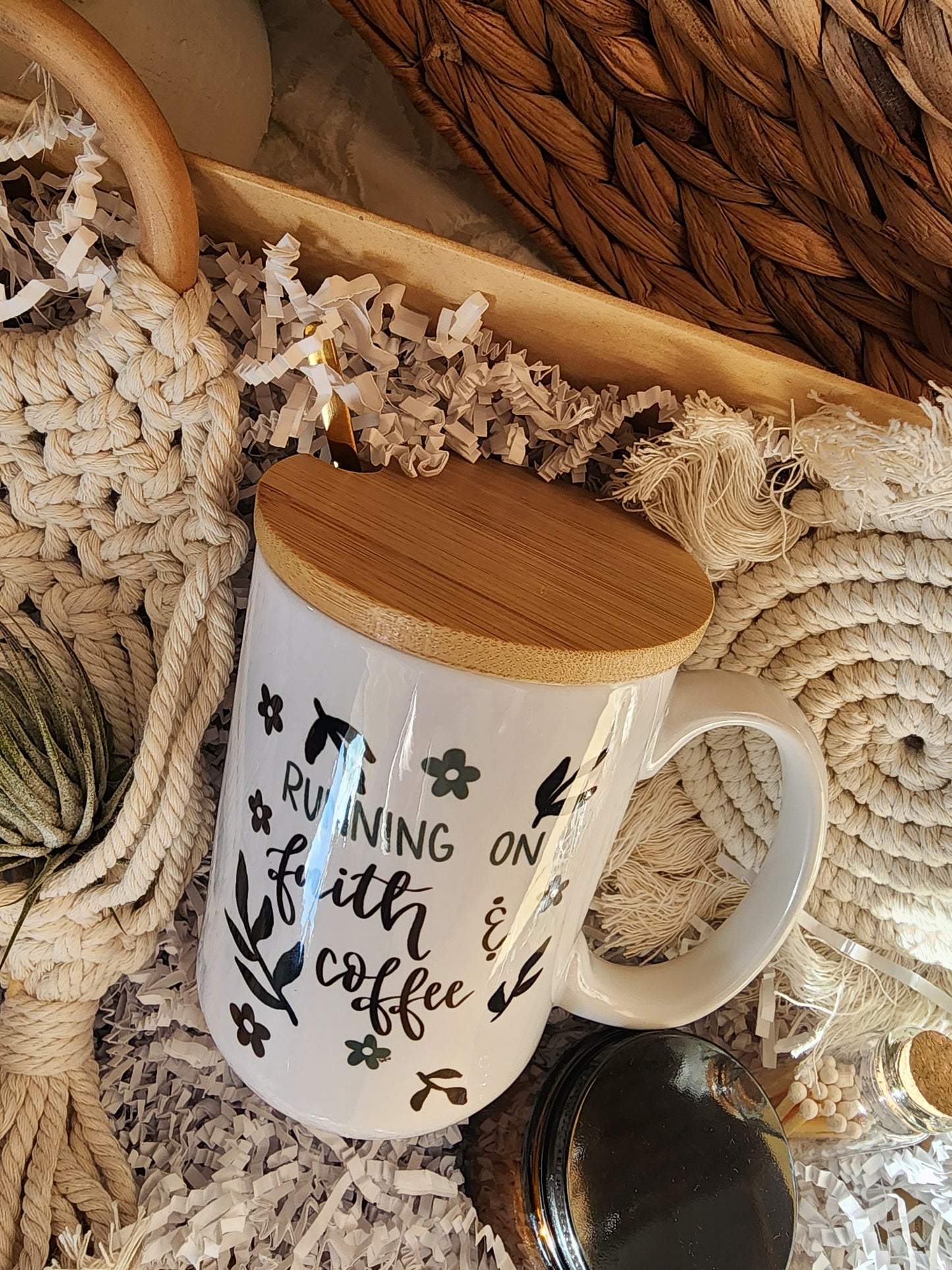 Plant Lovers Gift Basket with 15 oz Coffee Cup - Running on Faith & Coffee