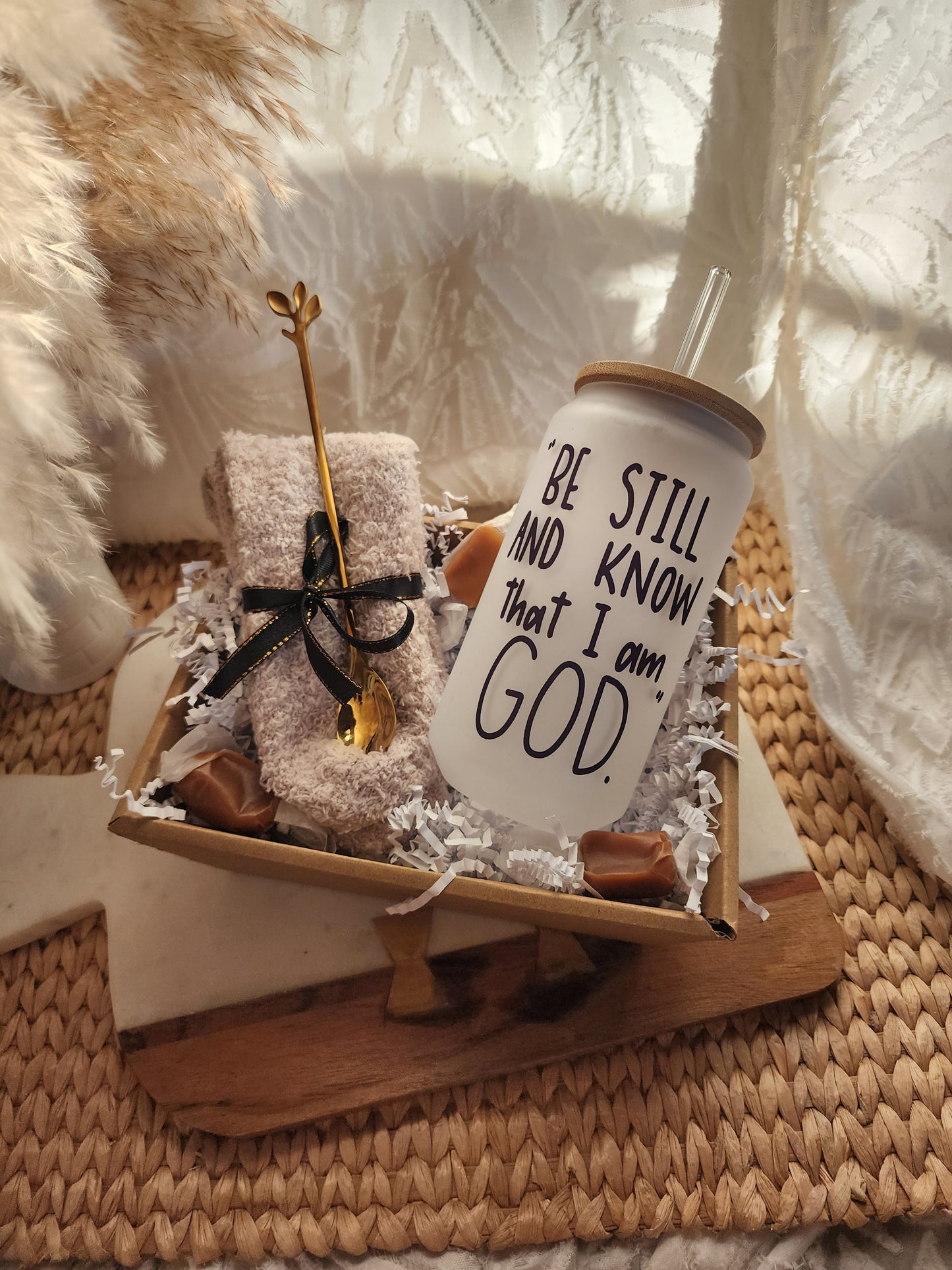 Cup of Cozy Gift Basket with 18oz Be Still & Know Beer Glass