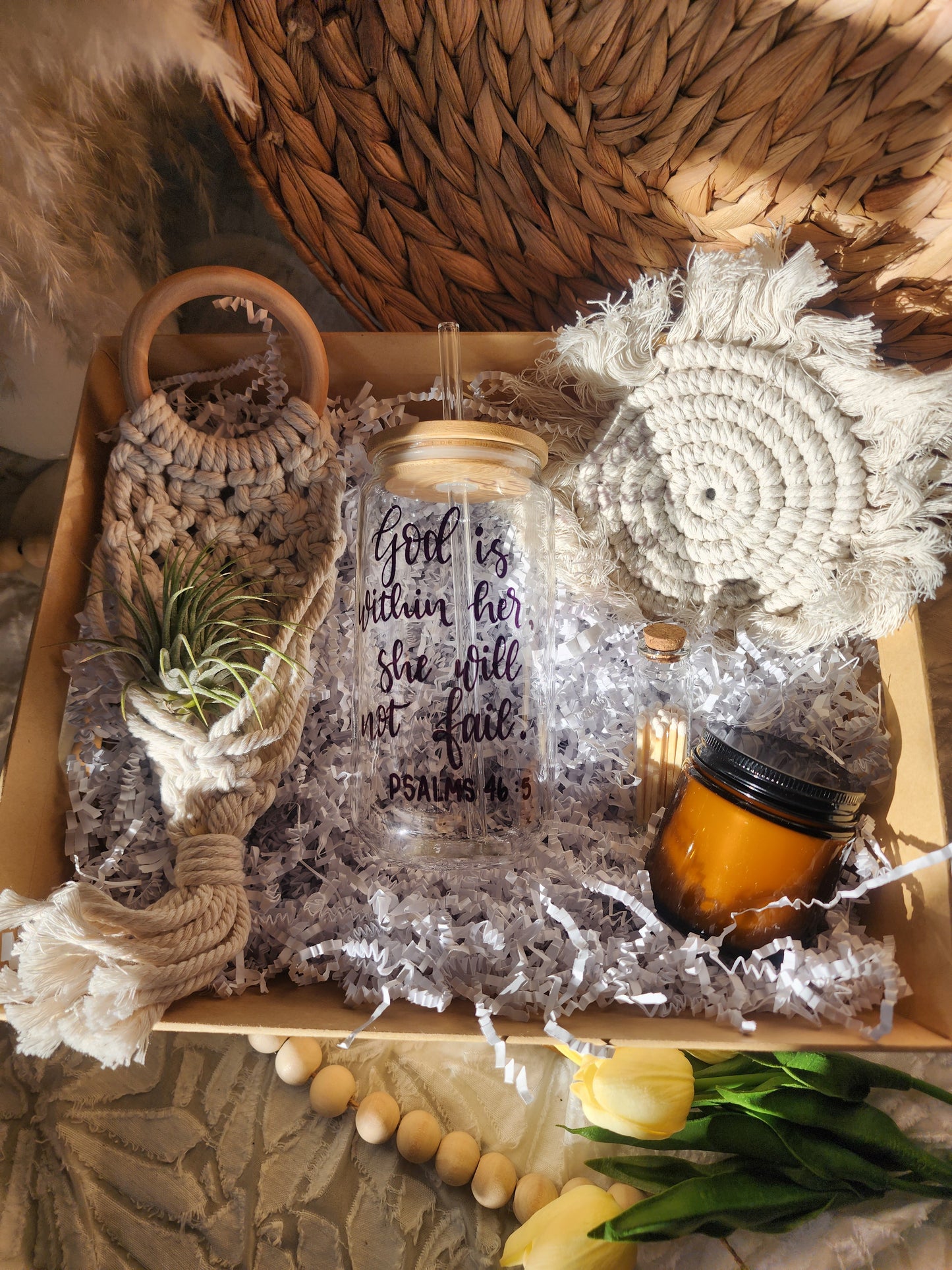 Plant Lovers Gift Basket with 18oz Beer Glass - God is Within Her