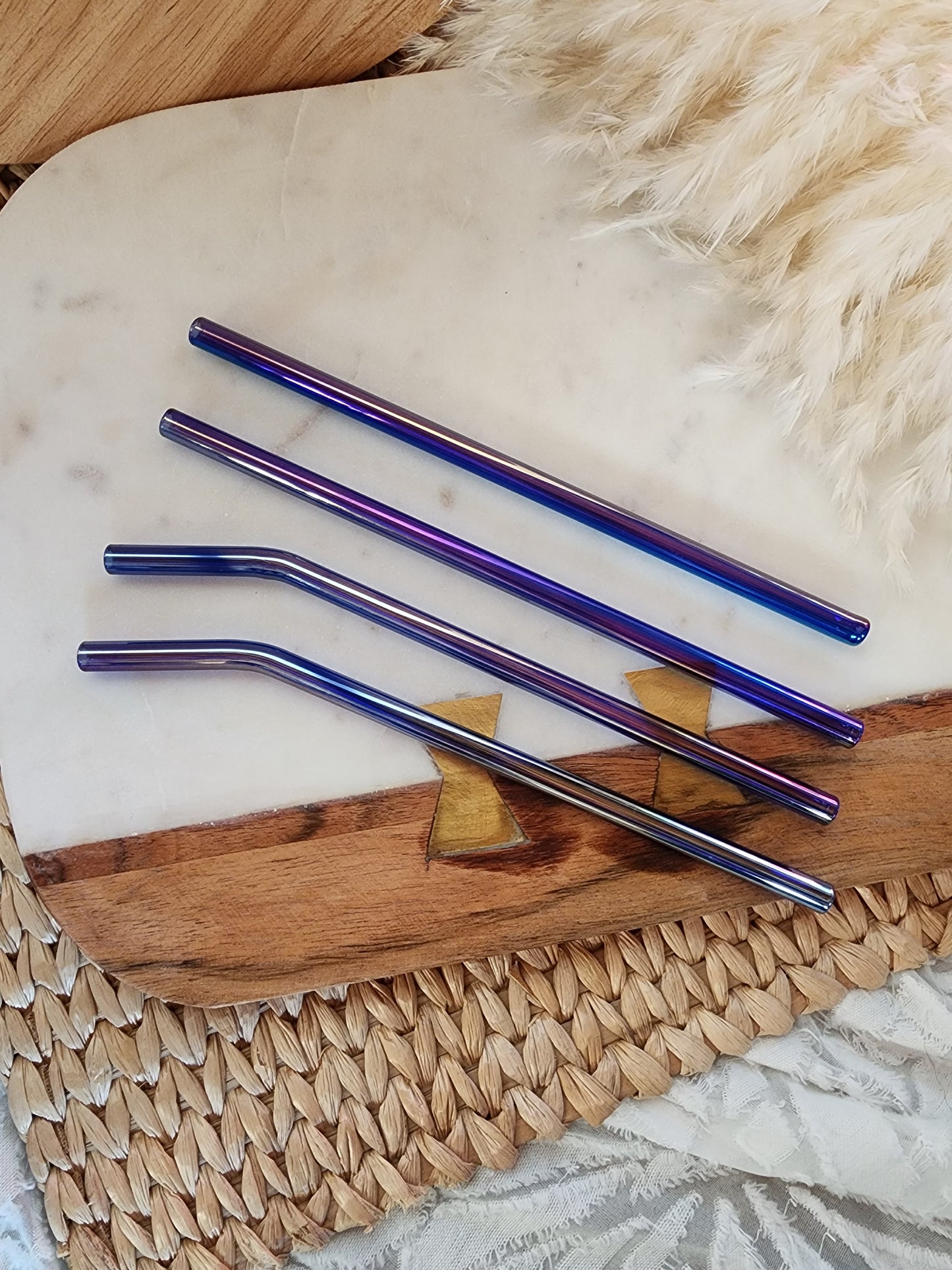 Deep Blue Iridescent Glass Straws