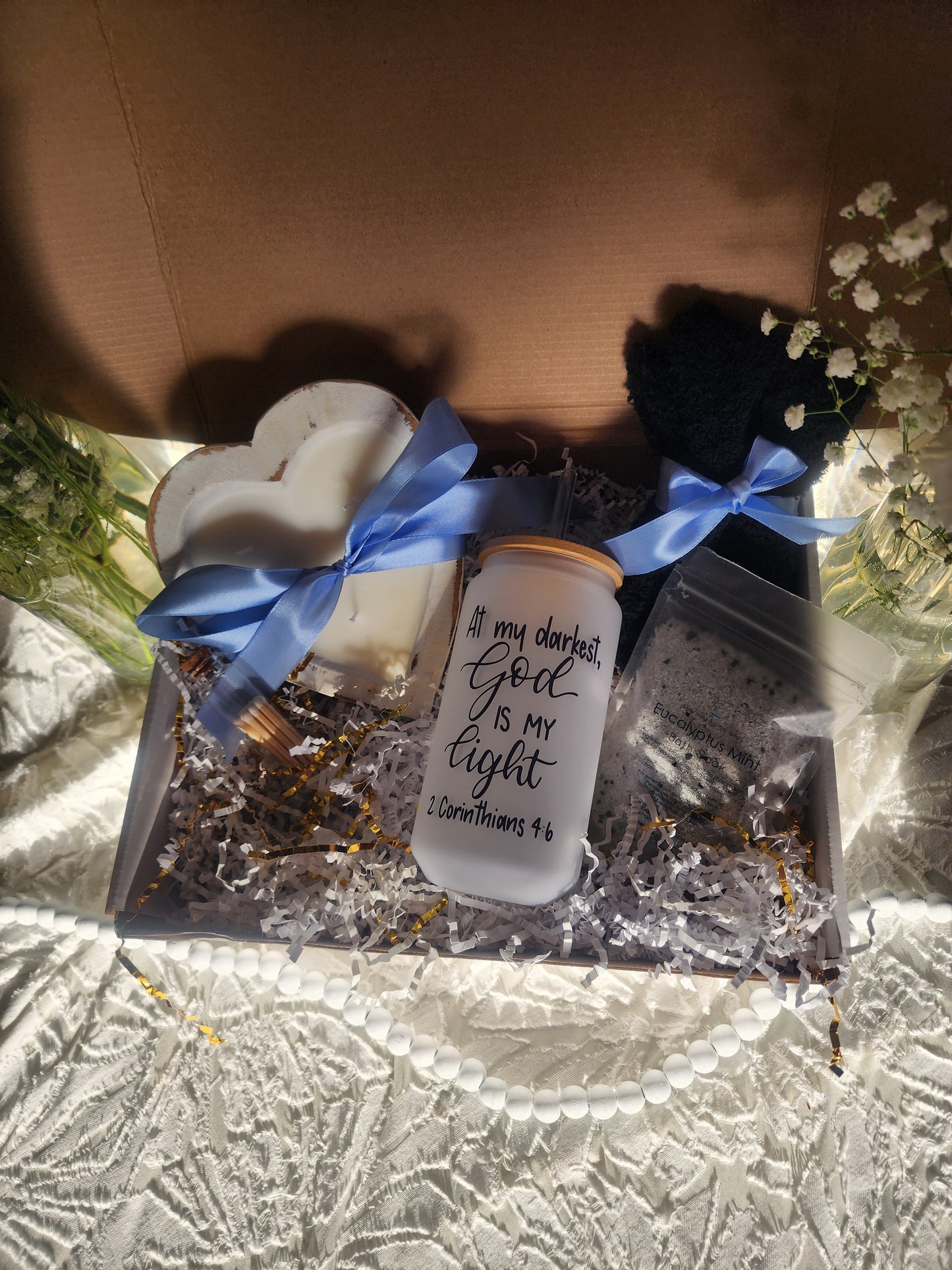 Comfort & Care Gift Basket with God is my Light Beer Glass