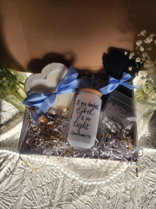 Comfort & Care Gift Basket with God is my Light Beer Glass