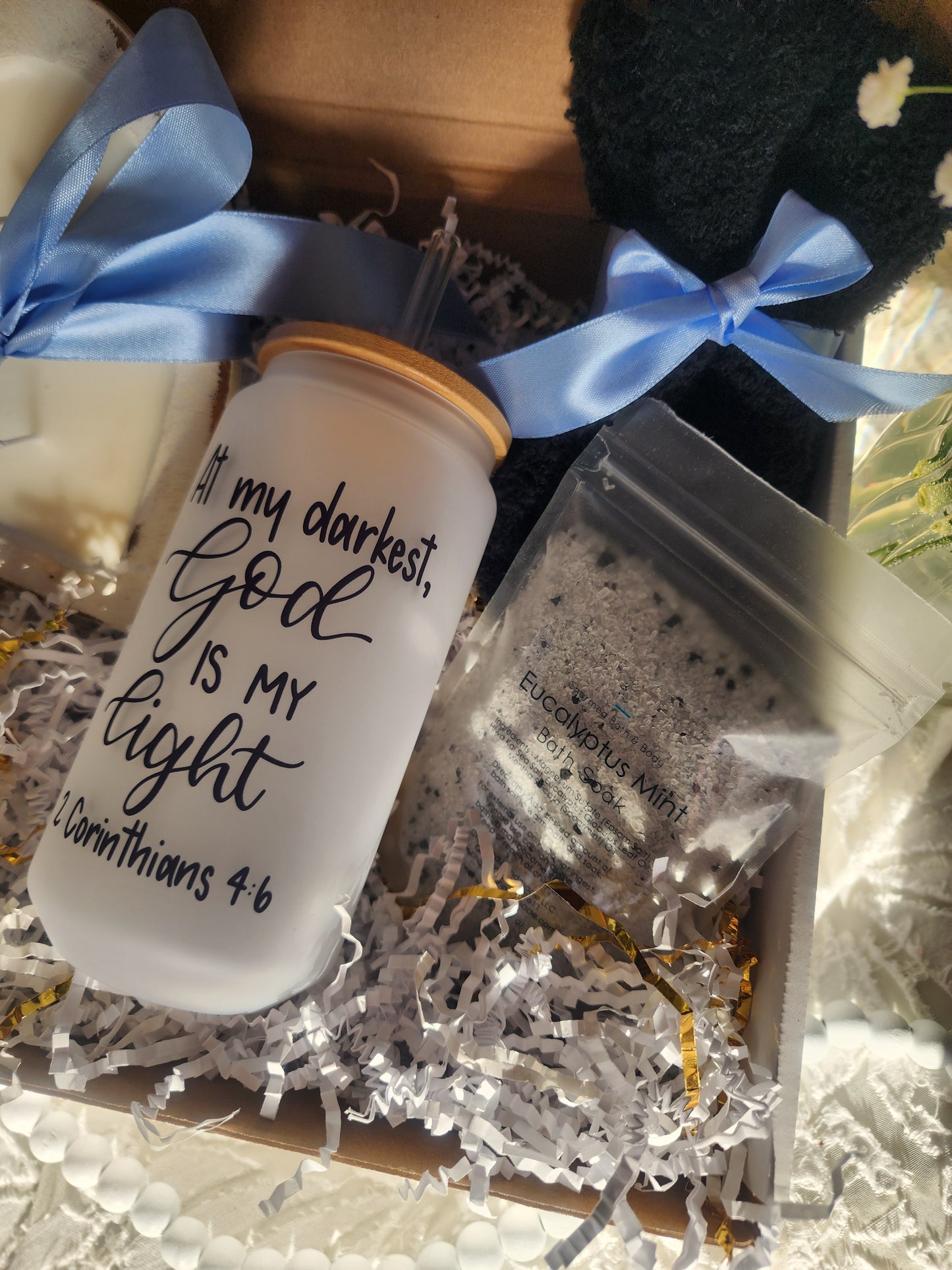 Comfort & Care Gift Basket with God is my Light Beer Glass