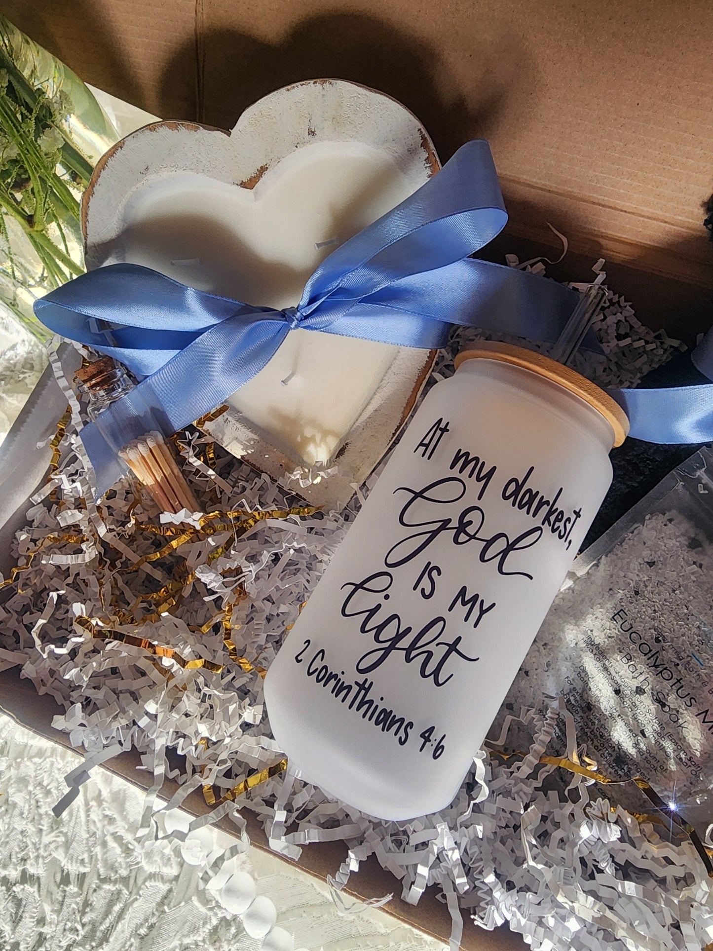 Comfort & Care Gift Basket with God is my Light Beer Glass