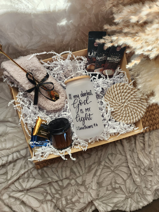 Sip of Joy Gift Basket with God is my Light 18oz Beer Glass