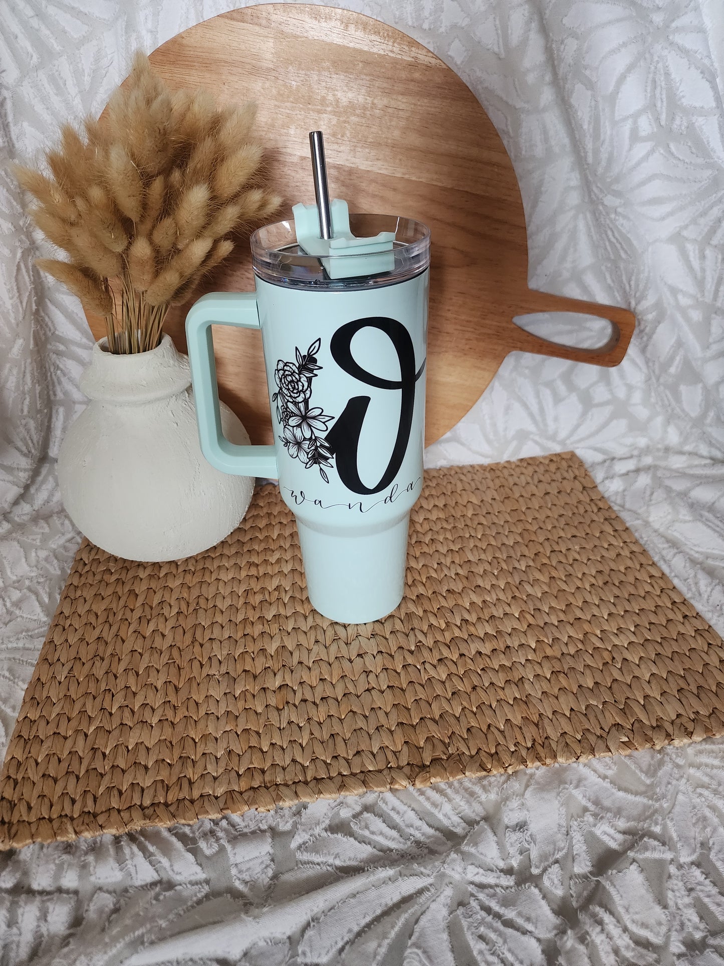 Foral Letter with Name - 40oz Waterbottle with Handle