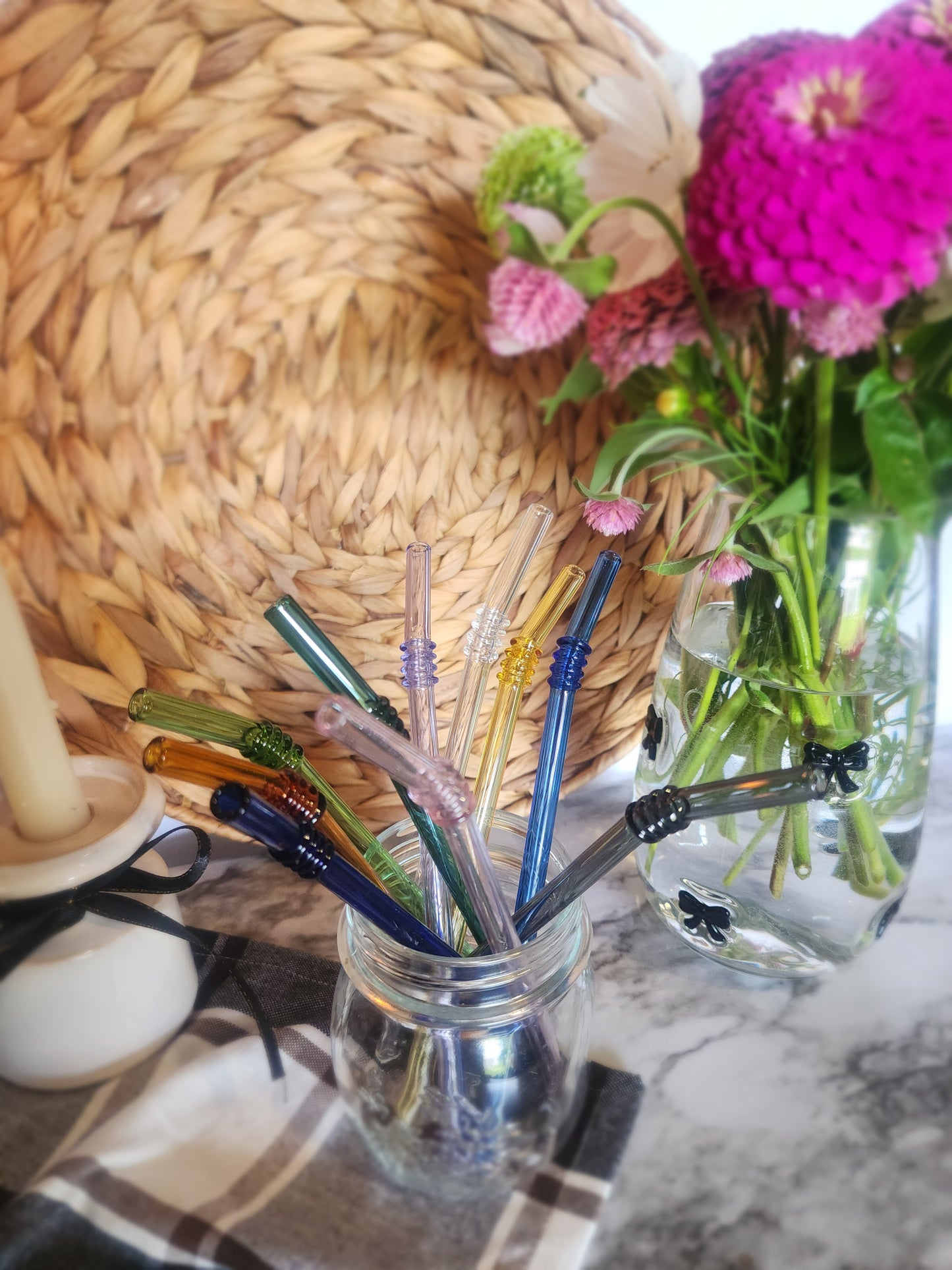 Colorful Ribbed Bent Glass Straws
