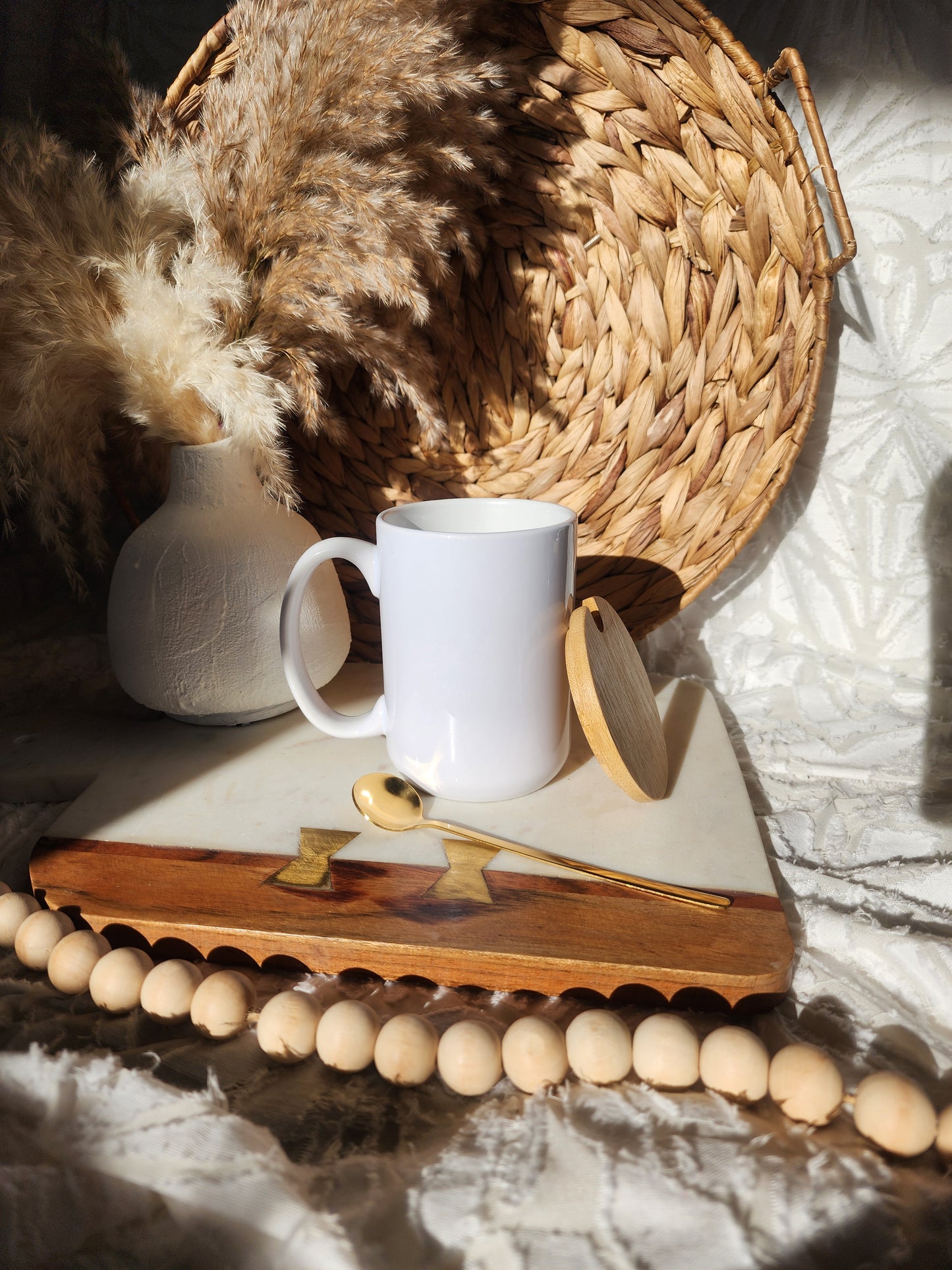 Custom 15oz Coffee Cup with Gold Spoon & Bamboo Lid