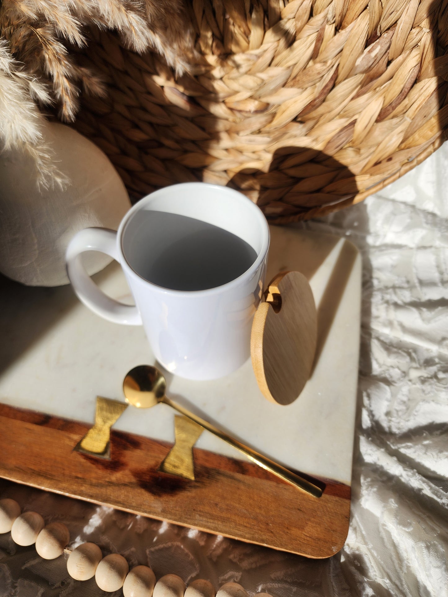 Custom 15oz Coffee Cup with Gold Spoon & Bamboo Lid