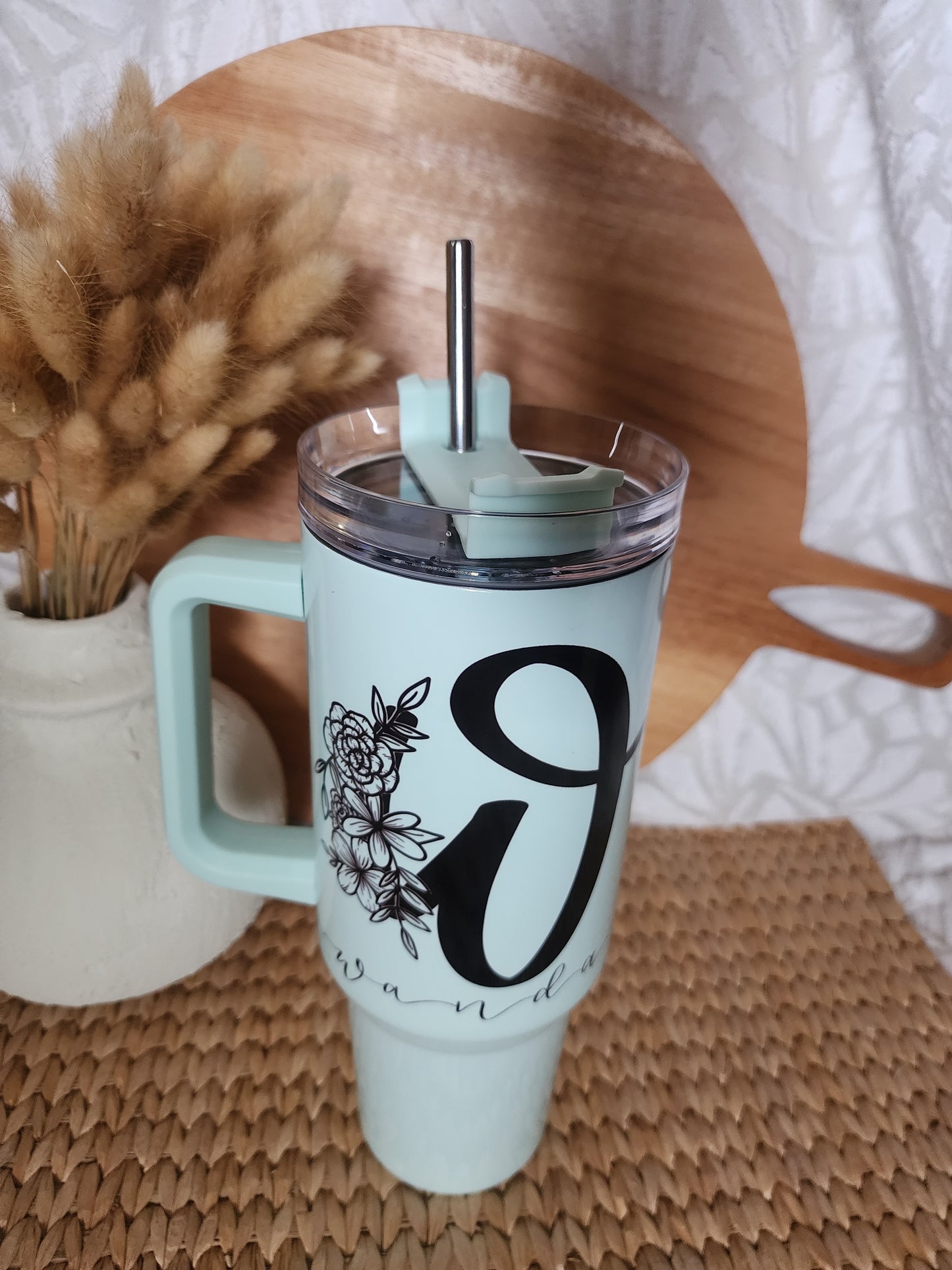 Foral Letter with Name - 40oz Waterbottle with Handle