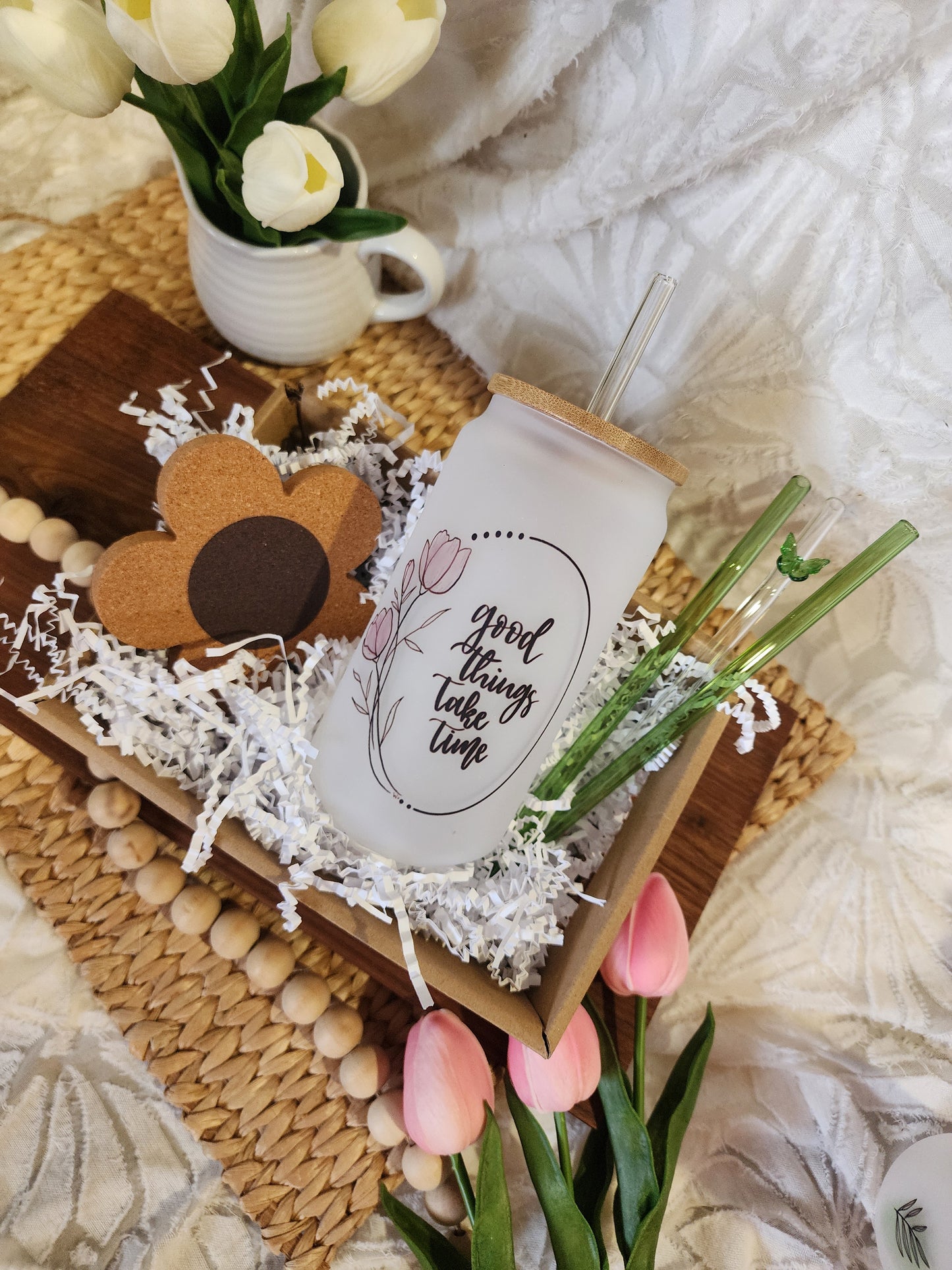 Everything Pastel Gift Basket with Good Things Take Time 18 oz Beer Glass