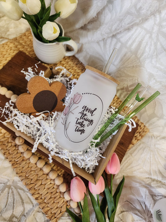 Everything Pastel Gift Basket with Good Things Take Time 18 oz Beer Glass