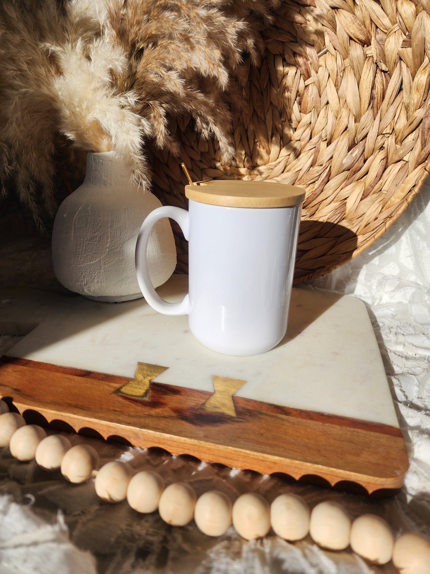 Custom 15oz Coffee Cup with Gold Spoon & Bamboo Lid