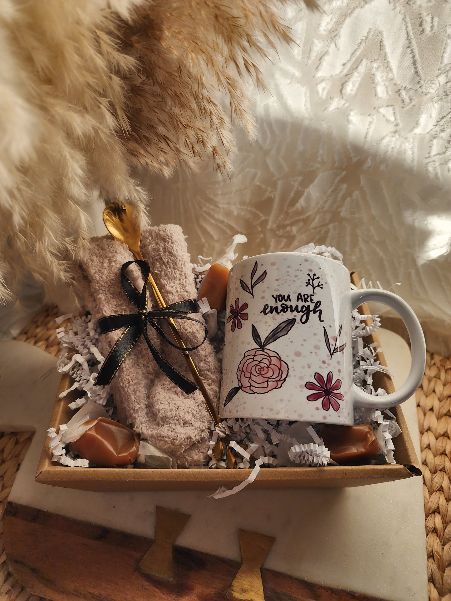Cup of Cozy Gift Basket with You are ENOUGH, WORTHY, & LOVED design Coffee Cup