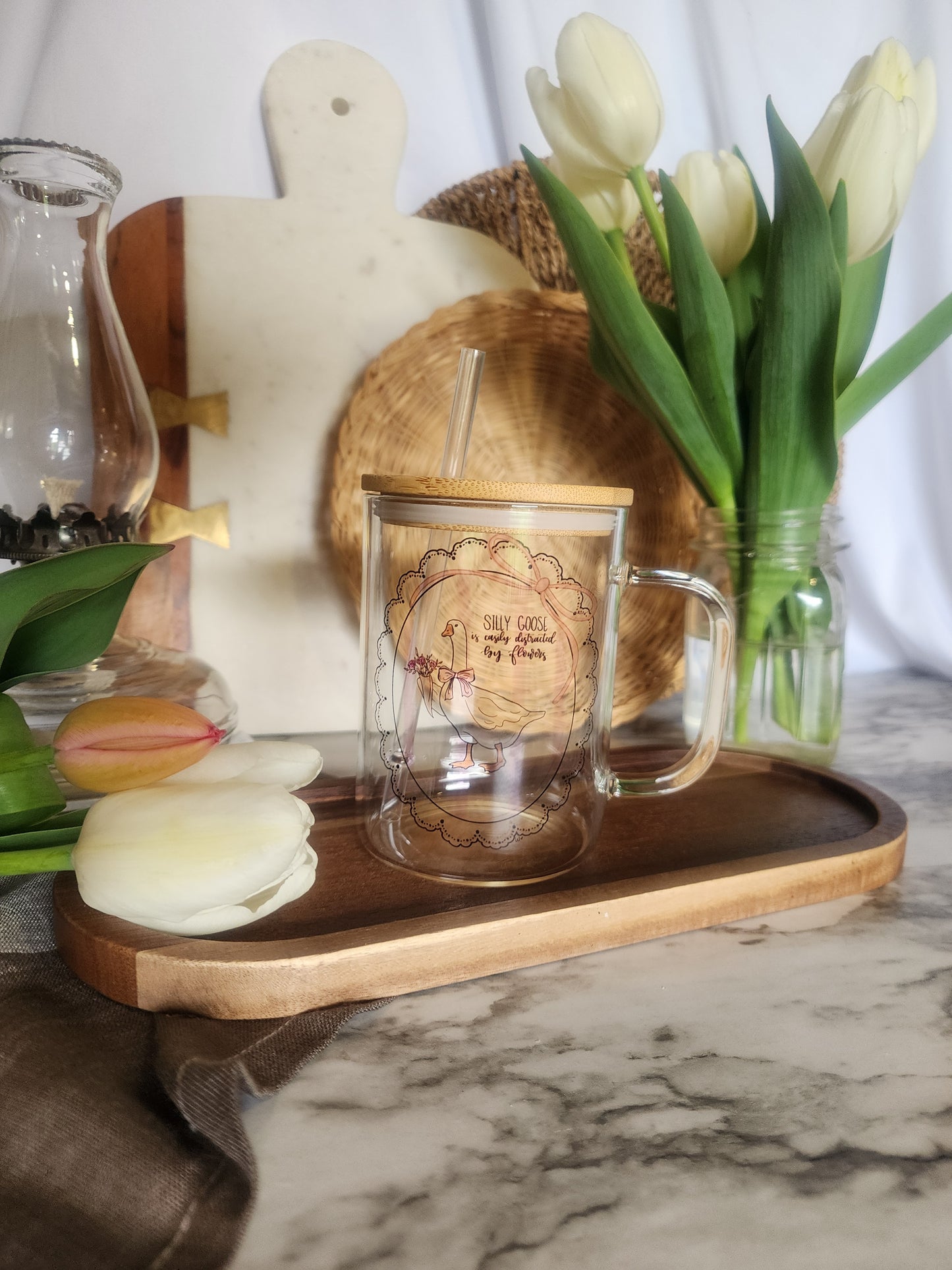 17oz Glass Mug - Silly Goose who is easily distracted by Flowers
