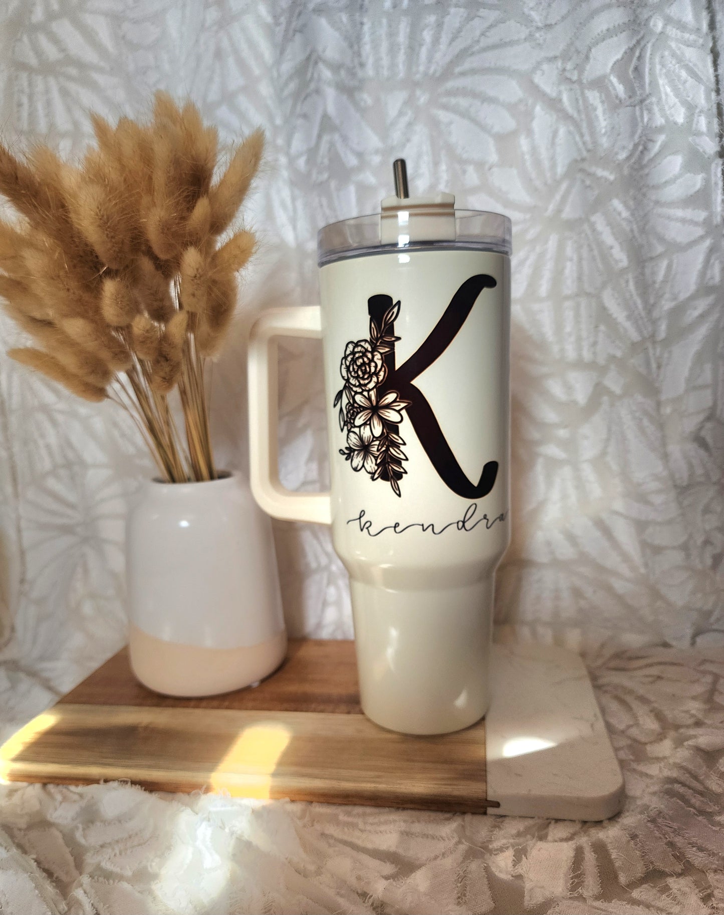 Foral Letter with Name - 40oz Waterbottle with Handle