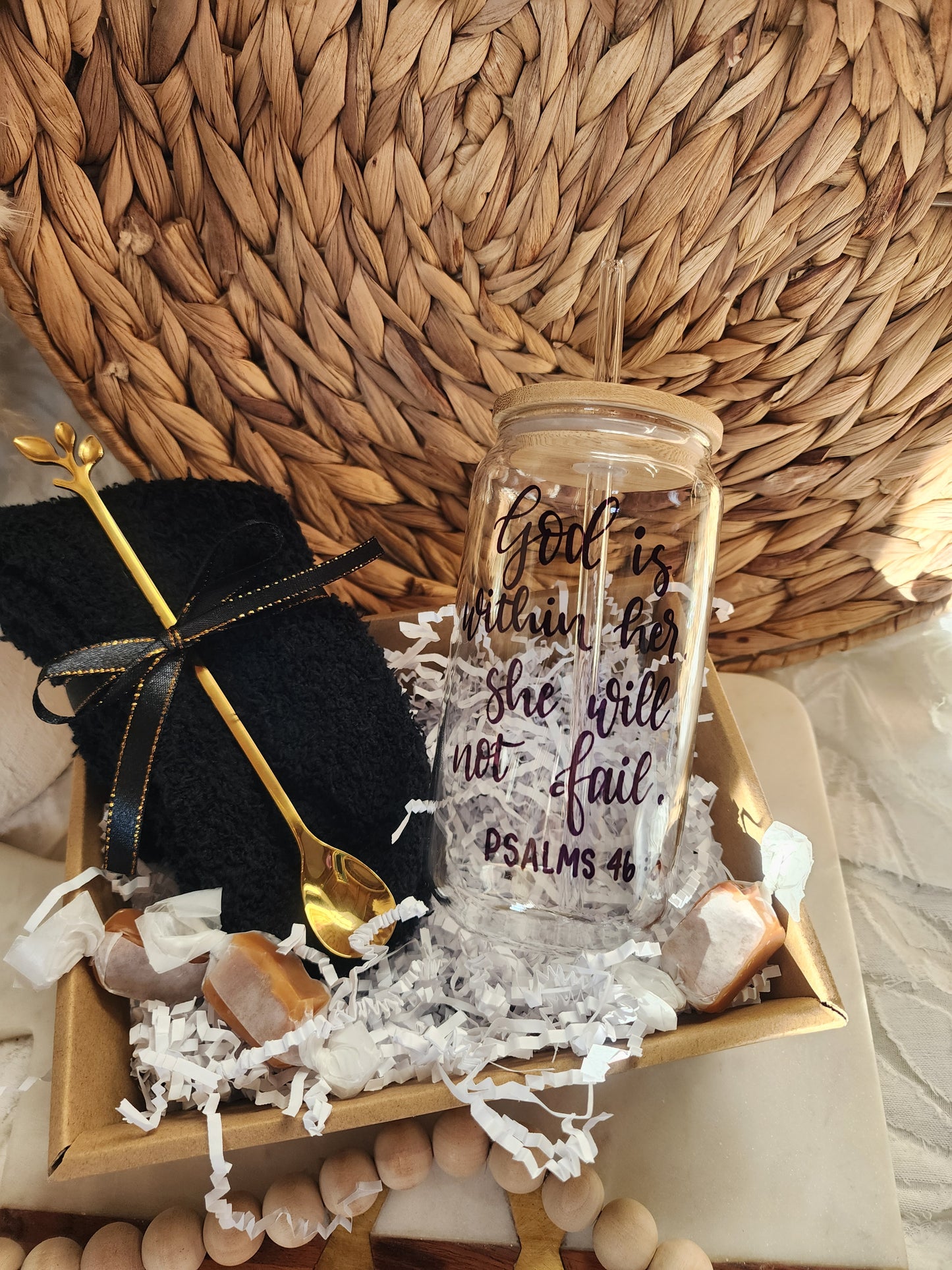 Cup of Cozy Gift Basket with 18oz Beer Glass - God is Within Her